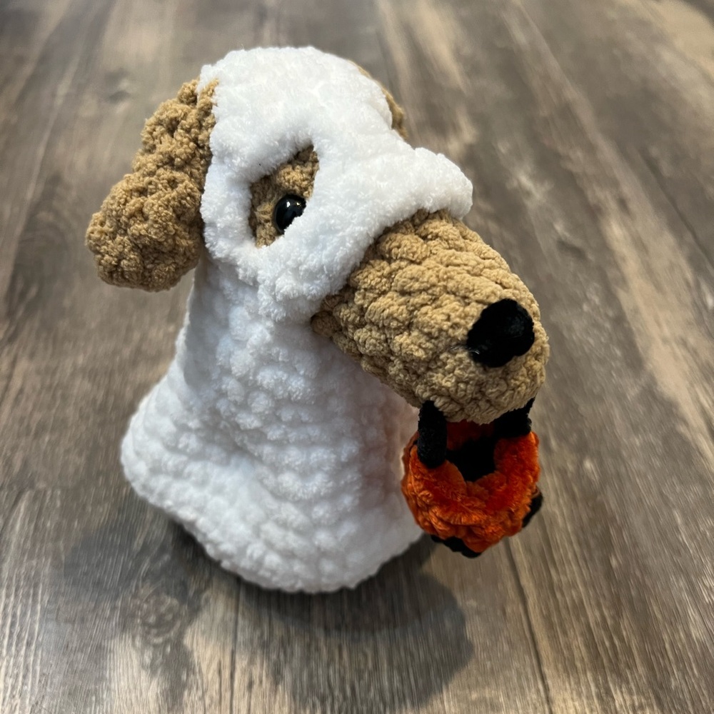 Hand Crafted White and Tan Plush Dog with Orange Toy